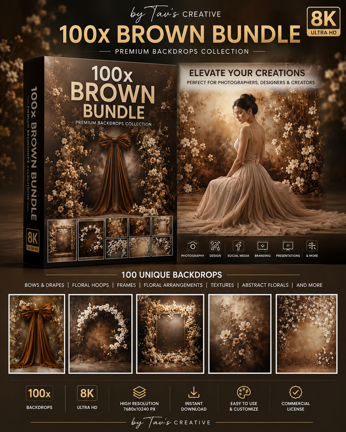 Ultimate Design Bundle | 35 Water Podium Backgrounds + 100 Brown Bundle Backdrops | 8K JPG Digital Download | Photoshop Backgrounds | Product Mockup Kit