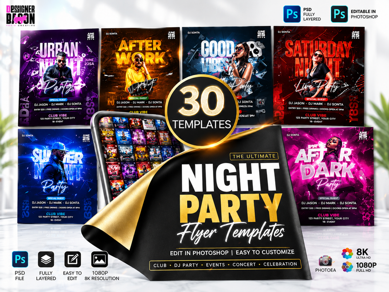 30 Night Party Flyer Templates PSD Bundle | Club Flyer Pack | DJ Event Templates | Photoshop Party Flyers | Editable PSD Bundle