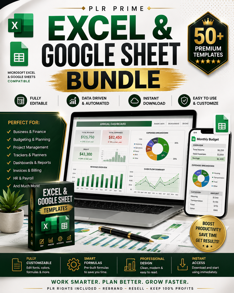 Excel & Google Sheets Templates Bundle | Budget Spreadsheet | Business Dashboard | Planner Templates | PLR Digital Download