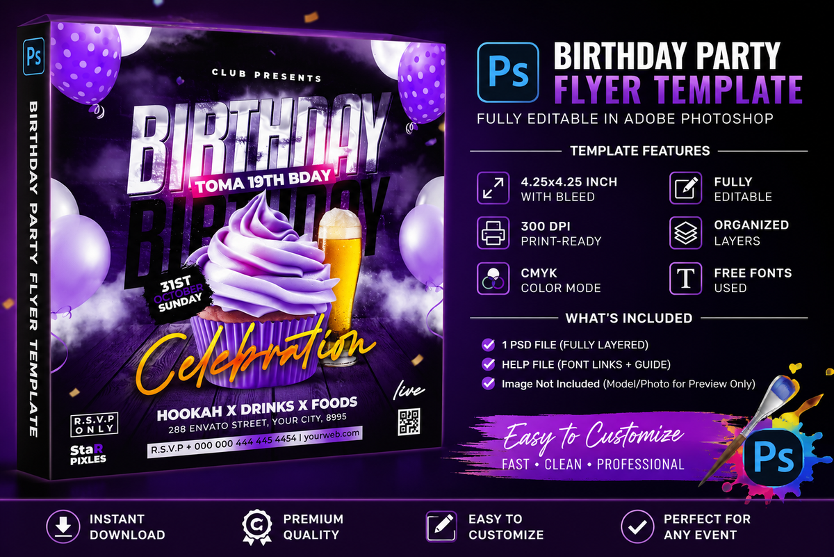 Birthday Party Flyer Template PSD | Club Event Flyer | Photoshop Editable Birthday Poster | Night Party Flyer Pack1