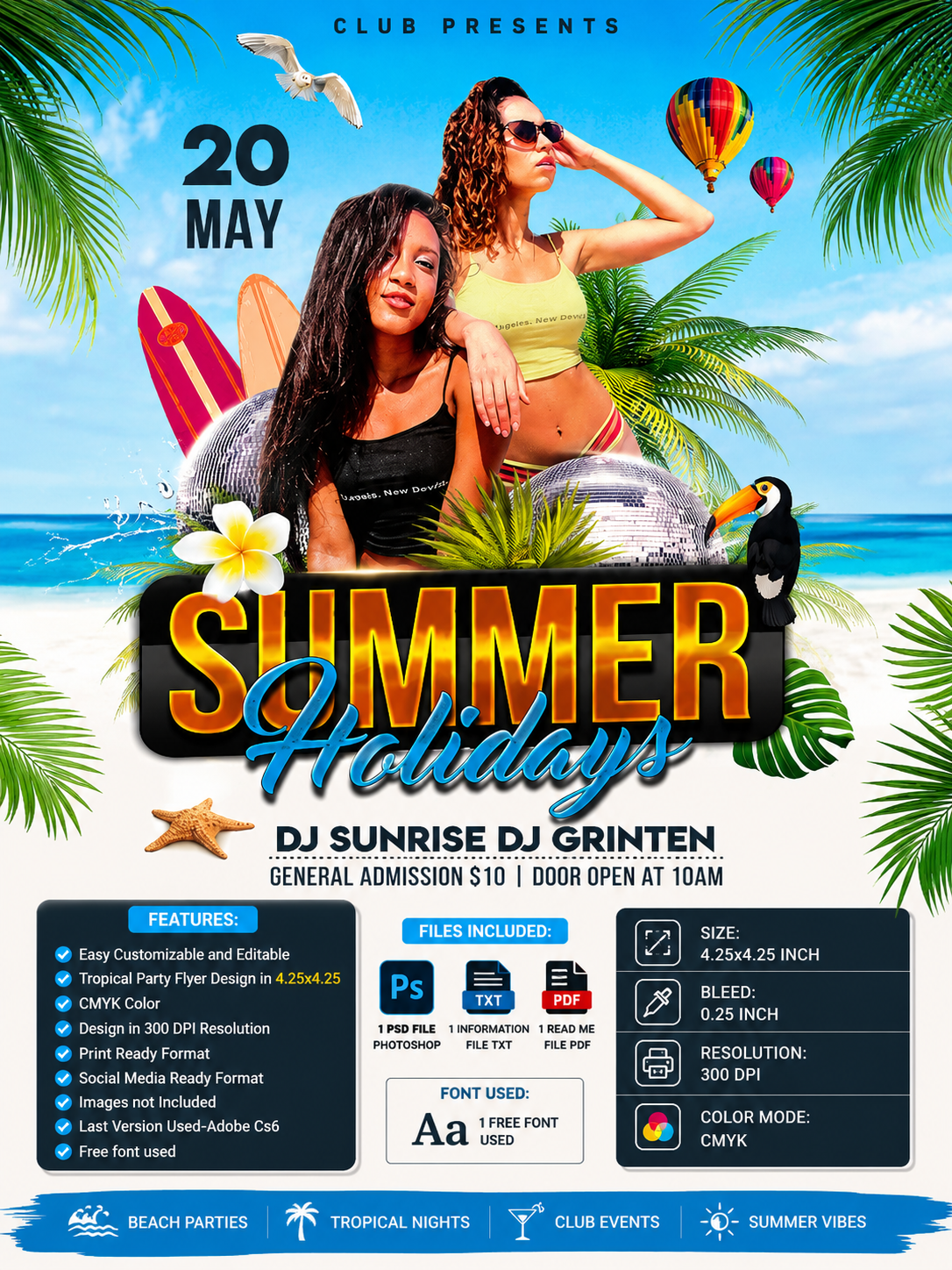 Summer Party Flyer Template PSD | Tropical Night Flyer | Beach Party Flyer | Club Event Poster |Pack3