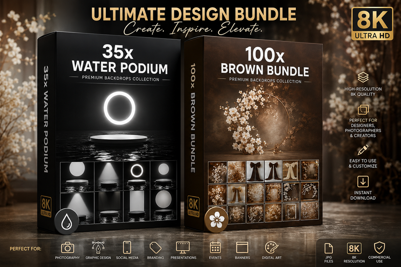 Ultimate Design Bundle | 35 Water Podium Backgrounds + 100 Brown Bundle Backdrops | 8K JPG Digital Download | Photoshop Backgrounds | Product Mockup Kit