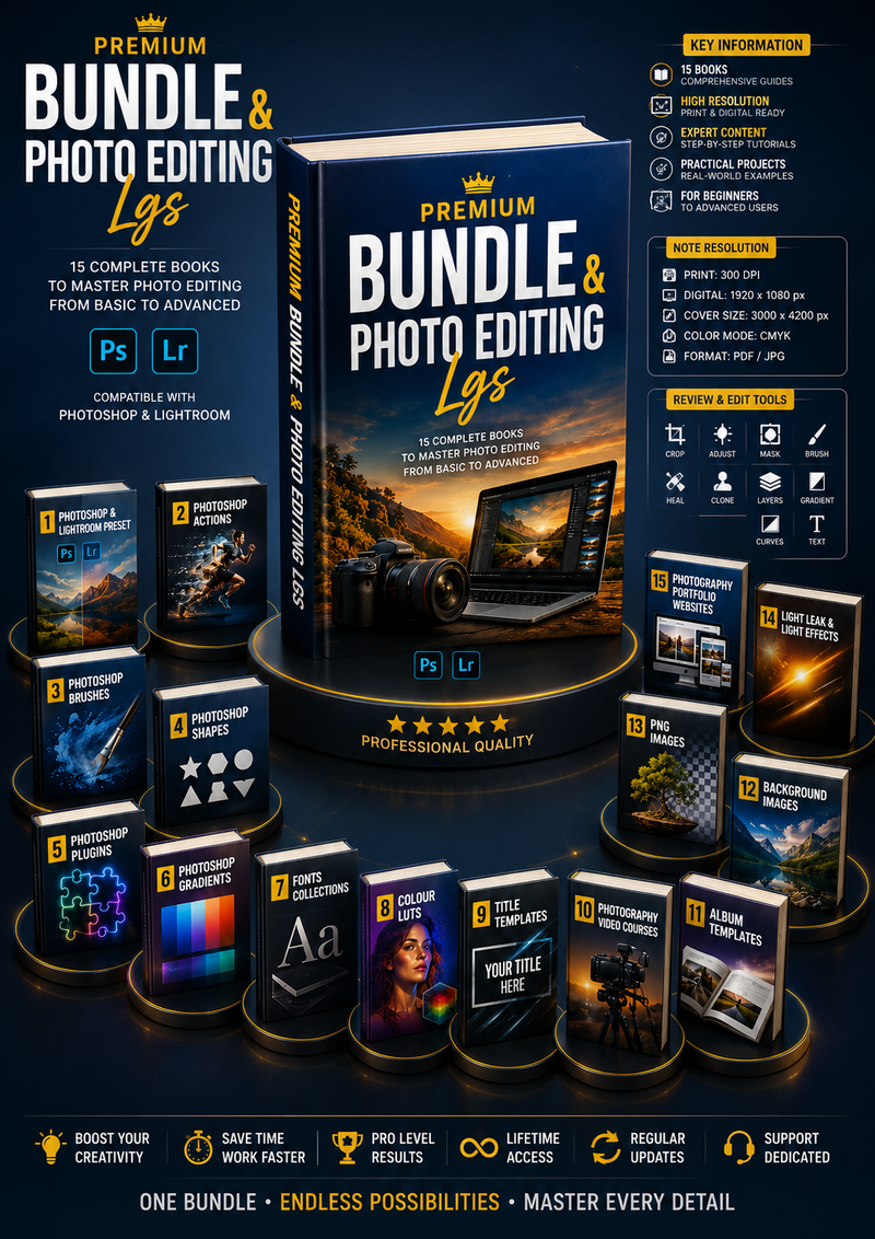 Premium Bundle & Photo Editing LGS | 15-in-1 Photoshop & Lightroom Resources | Presets, Actions, Brushes, LUTs, Templates & More