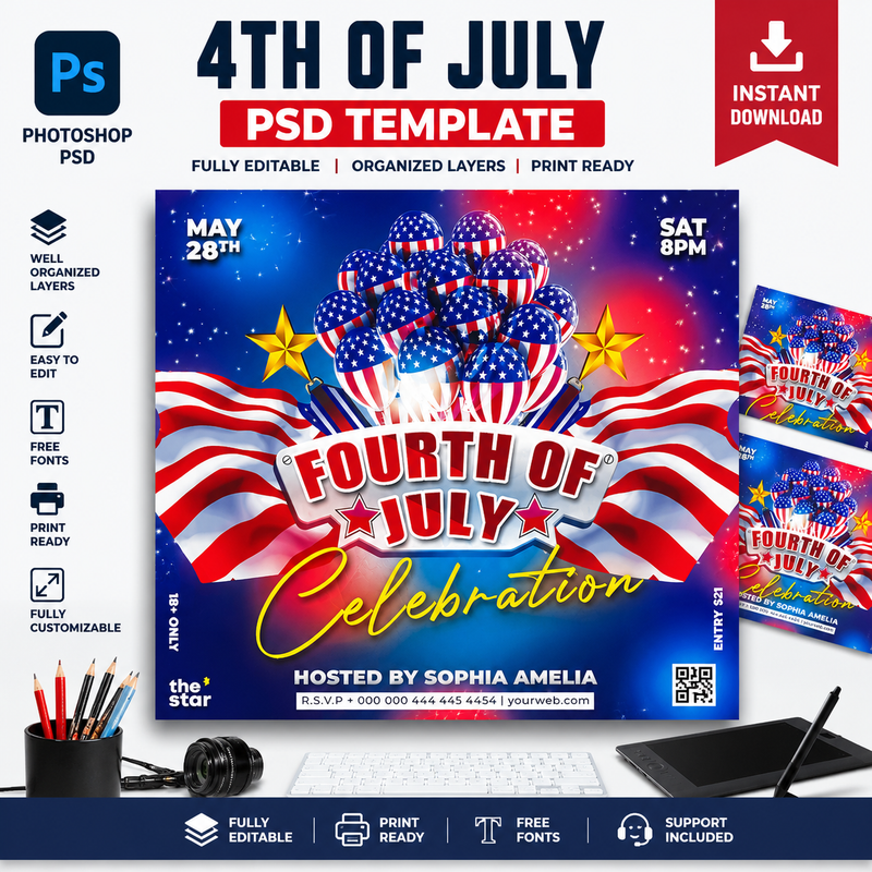 4th of July PSD Flyer Template | Independence Day Party Flyer | Editable Photoshop Event Flyer