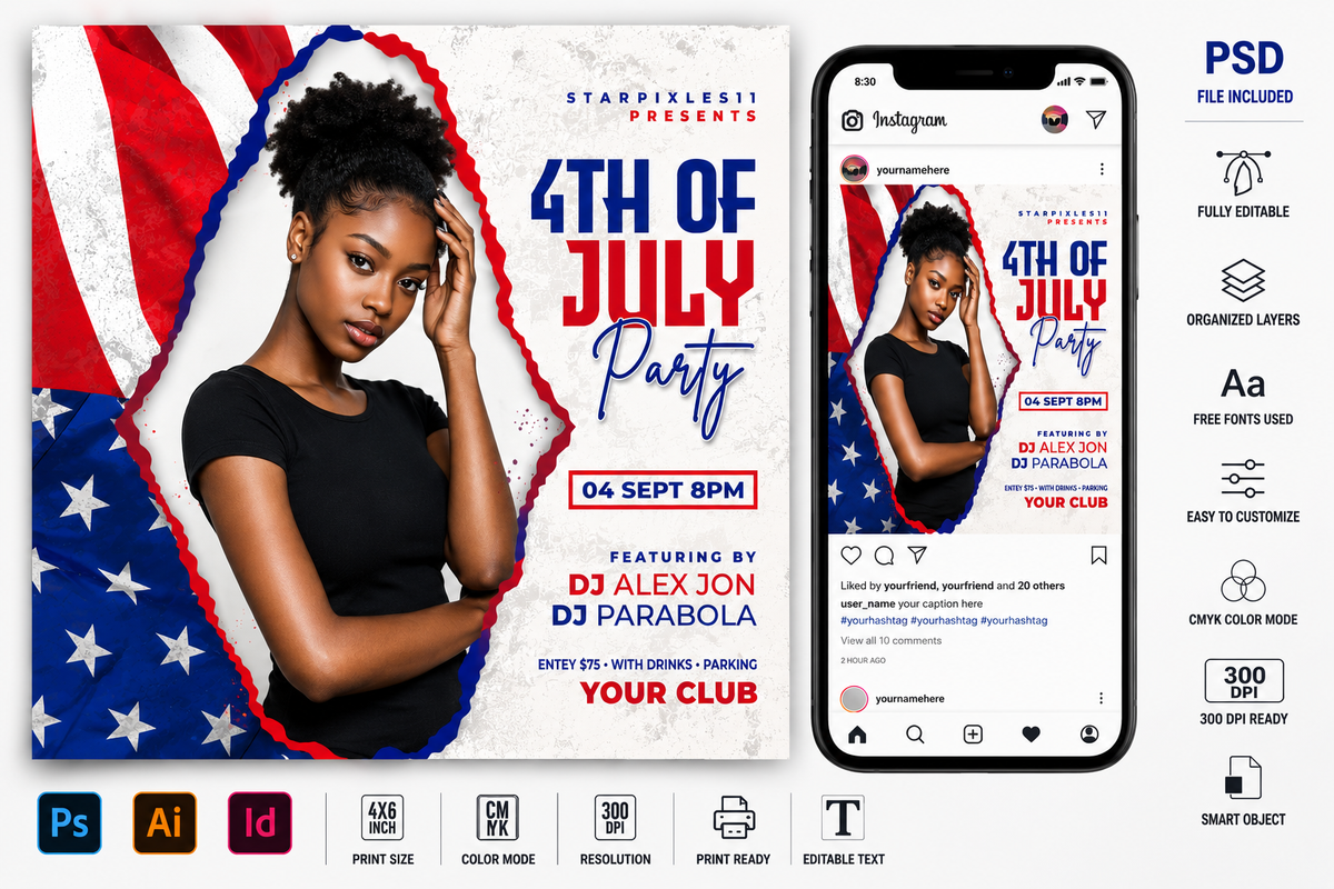 Custom 4th of July PSD Flyer Bundle | Independence Day Party Flyer Templates | Editable Photoshop Event Flyers | USA Celebration PSD Pack