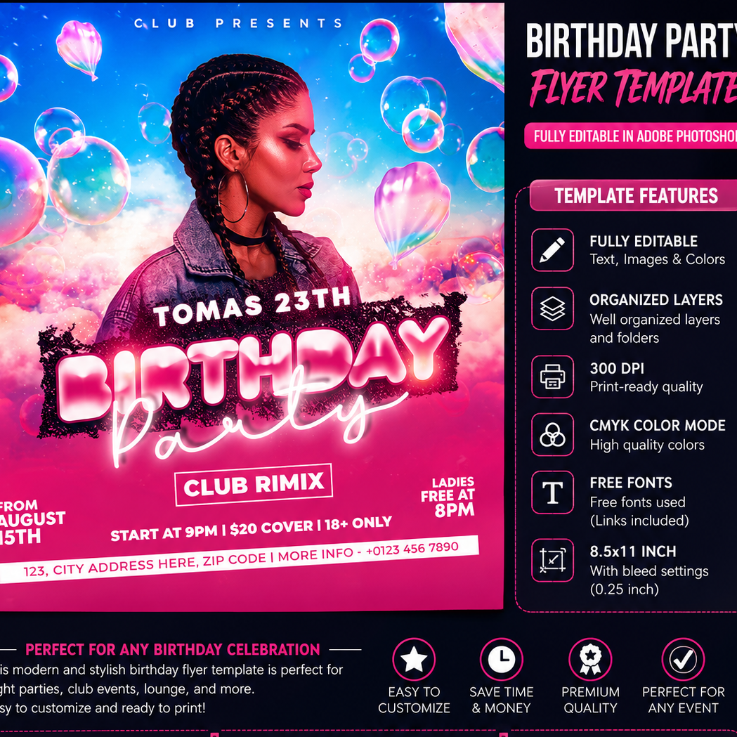 Birthday Party Flyer Template PSD | Club Event Flyer | Photoshop Editable Birthday Poster | Night Party Flyer_PACK4