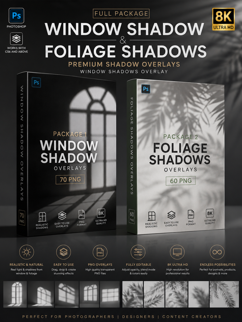 Window Shadow & Foliage Shadow Overlays PNG Bundle | Photoshop Shadow Overlay | 8K Digital Download | Photo Editing Bundle