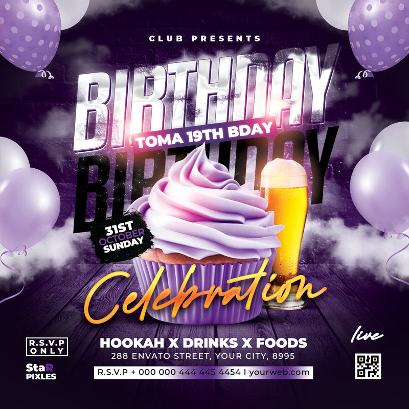 Birthday Party Flyer Template PSD | Club Event Flyer | Photoshop Editable Birthday Poster | Night Party Flyer  Pack1