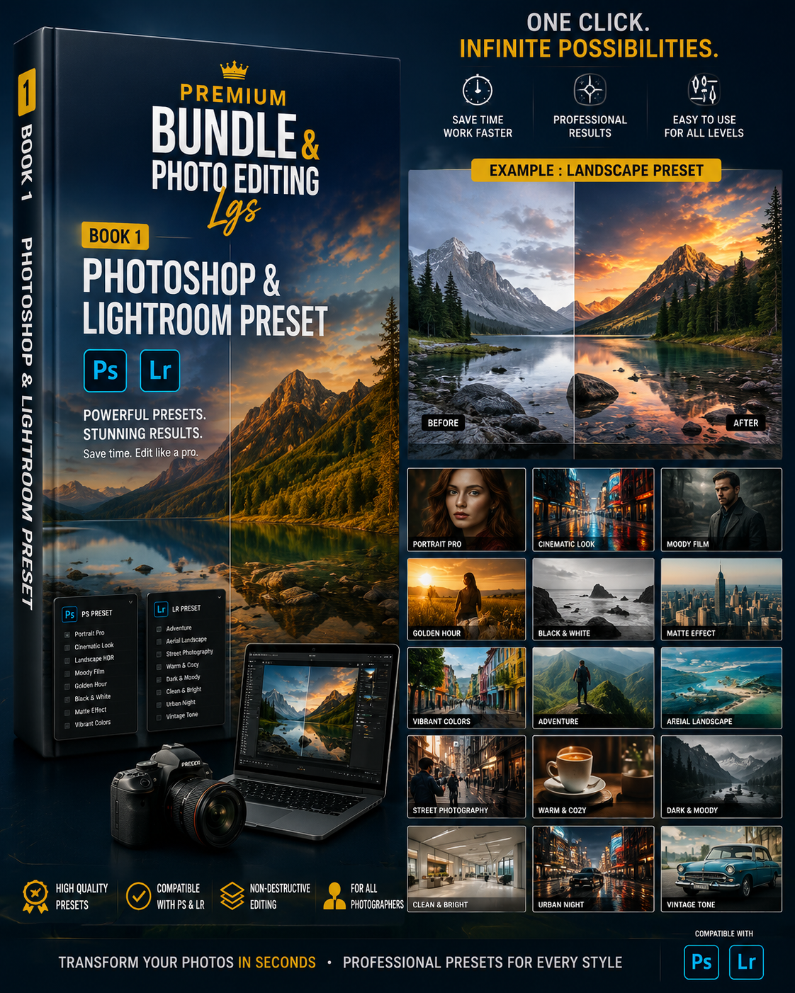 Premium Bundle & Photo Editing LGS | 15-in-1 Photoshop & Lightroom Resources | Presets, Actions, Brushes, LUTs, Templates & More