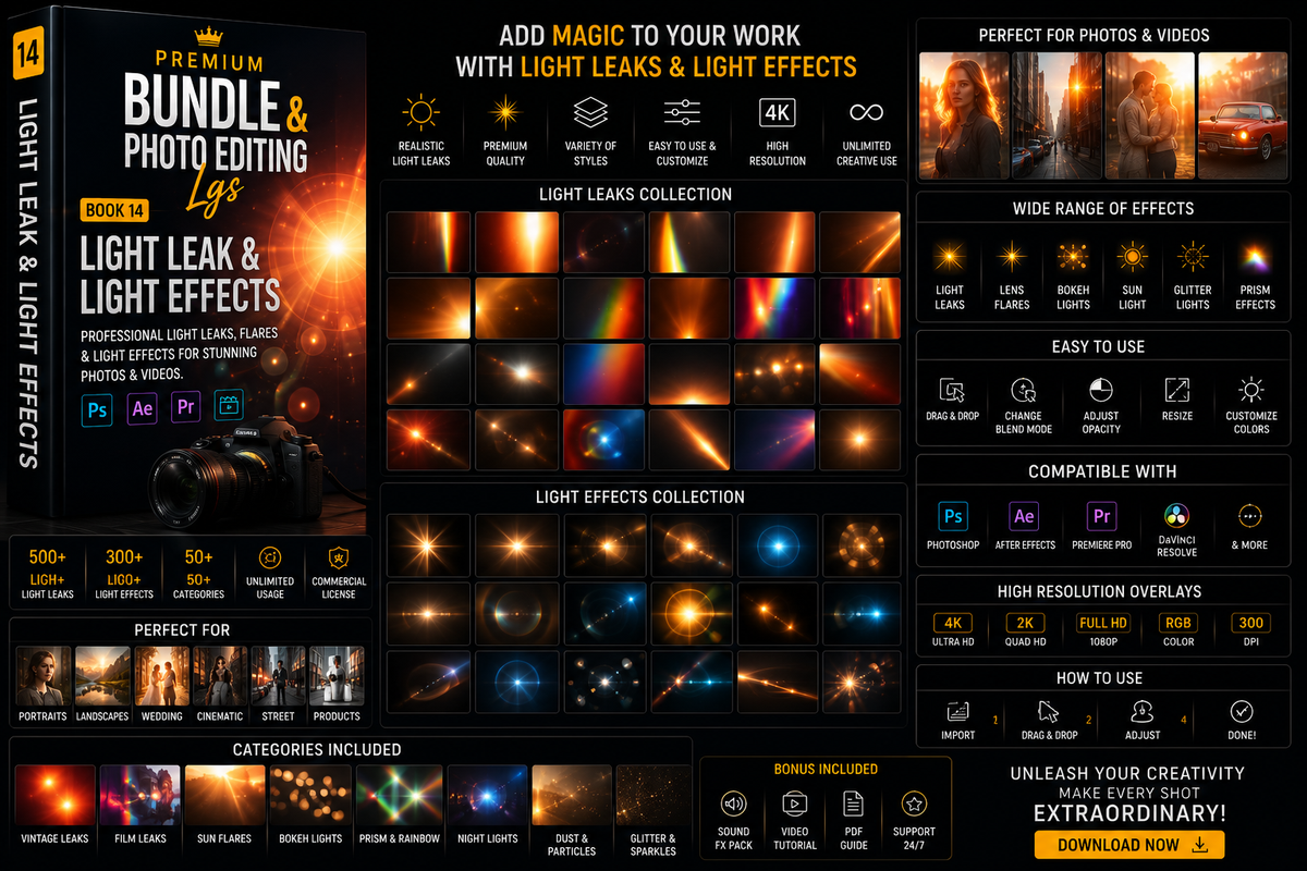 Premium Bundle & Photo Editing LGS | 15-in-1 Photoshop & Lightroom Resources | Presets, Actions, Brushes, LUTs, Templates & More