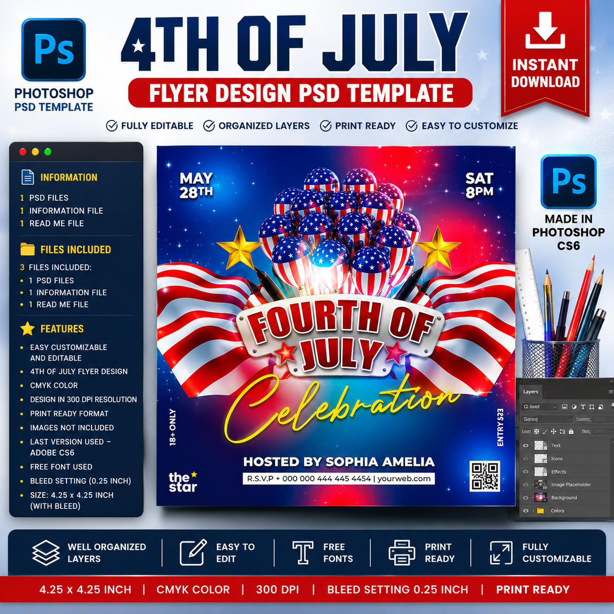 4th of July PSD Flyer Template | Independence Day Party Flyer | Editable Photoshop Event Flyer