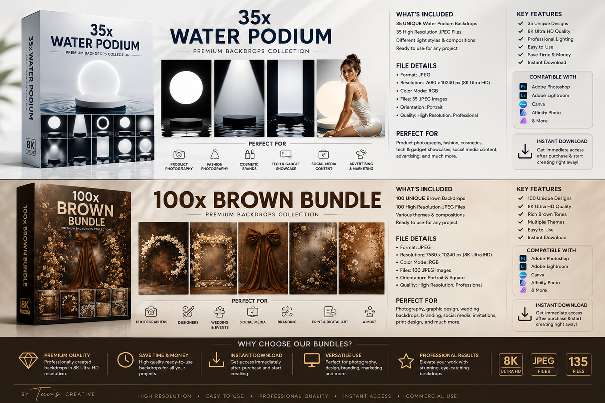 Ultimate Design Bundle | 35 Water Podium Backgrounds + 100 Brown Bundle Backdrops | 8K JPG Digital Download | Photoshop Backgrounds | Product Mockup Kit