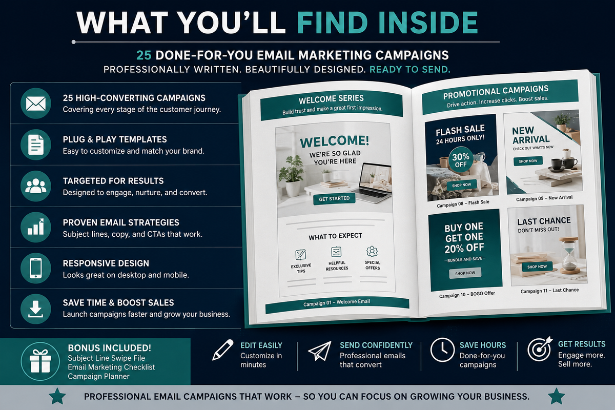 25 Email Marketing Campaign Templates | Done For You Email Templates | Klaviyo, Mailchimp & Shopify Email Marketing | Digital Download