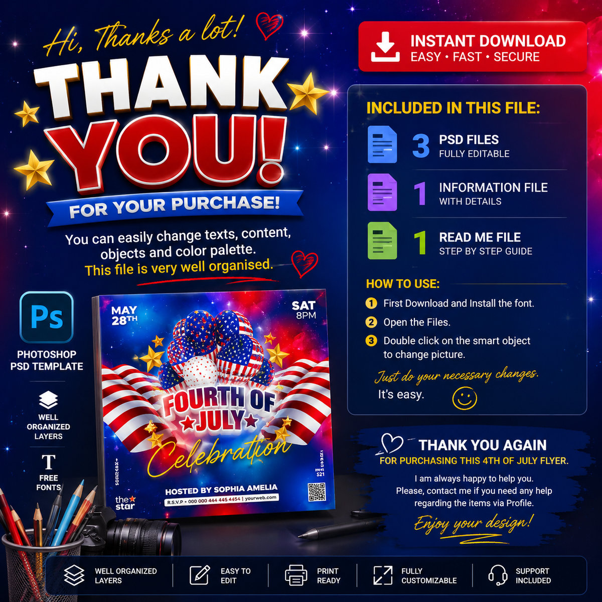 4th of July PSD Flyer Template | Independence Day Party Flyer | Editable Photoshop Event Flyer