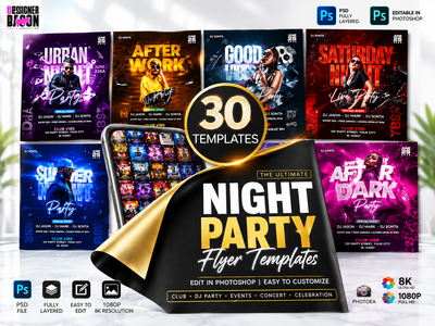 30 Night Party Flyer Templates PSD Bundle | Club Flyer Pack | DJ Event Templates | Photoshop Party Flyers | Editable PSD Bundle