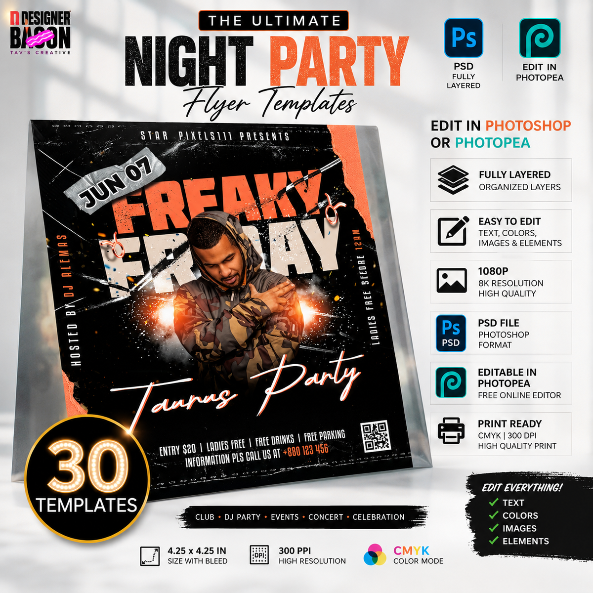 30 Night Party Flyer Templates PSD Bundle | Club Flyer Pack | DJ Event Templates | Photoshop Party Flyers | Editable PSD Bundle