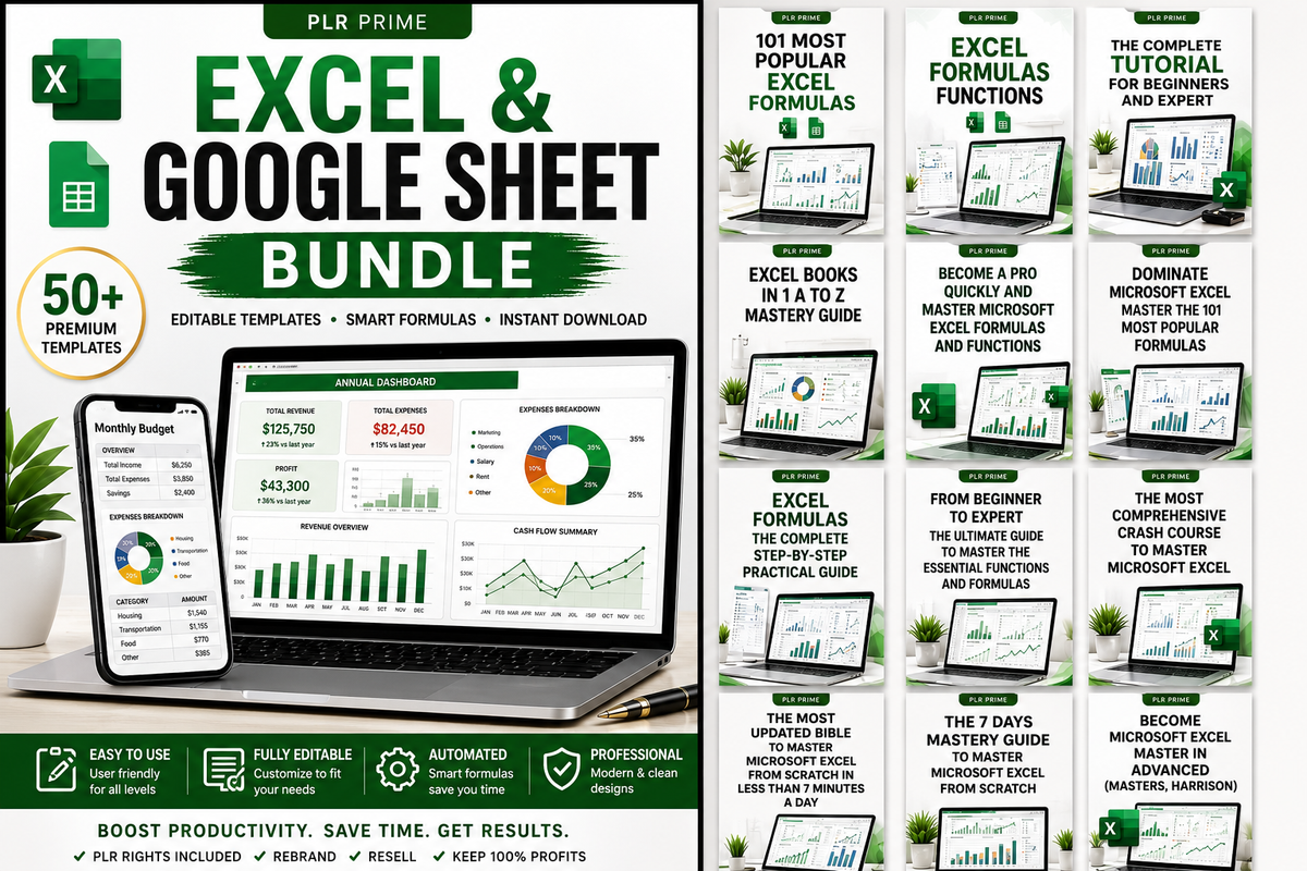 Excel & Google Sheets Templates Bundle | Budget Spreadsheet | Business Dashboard | Planner Templates | PLR Digital Download