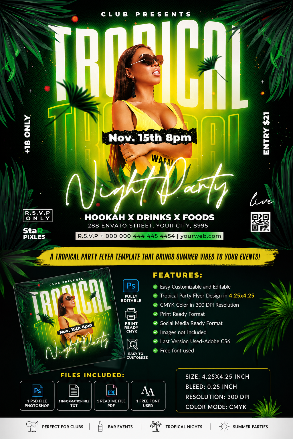 Summer Party Flyer Template PSD | Tropical Night Flyer | Beach Party Flyer | Club Event Poster |Pack1