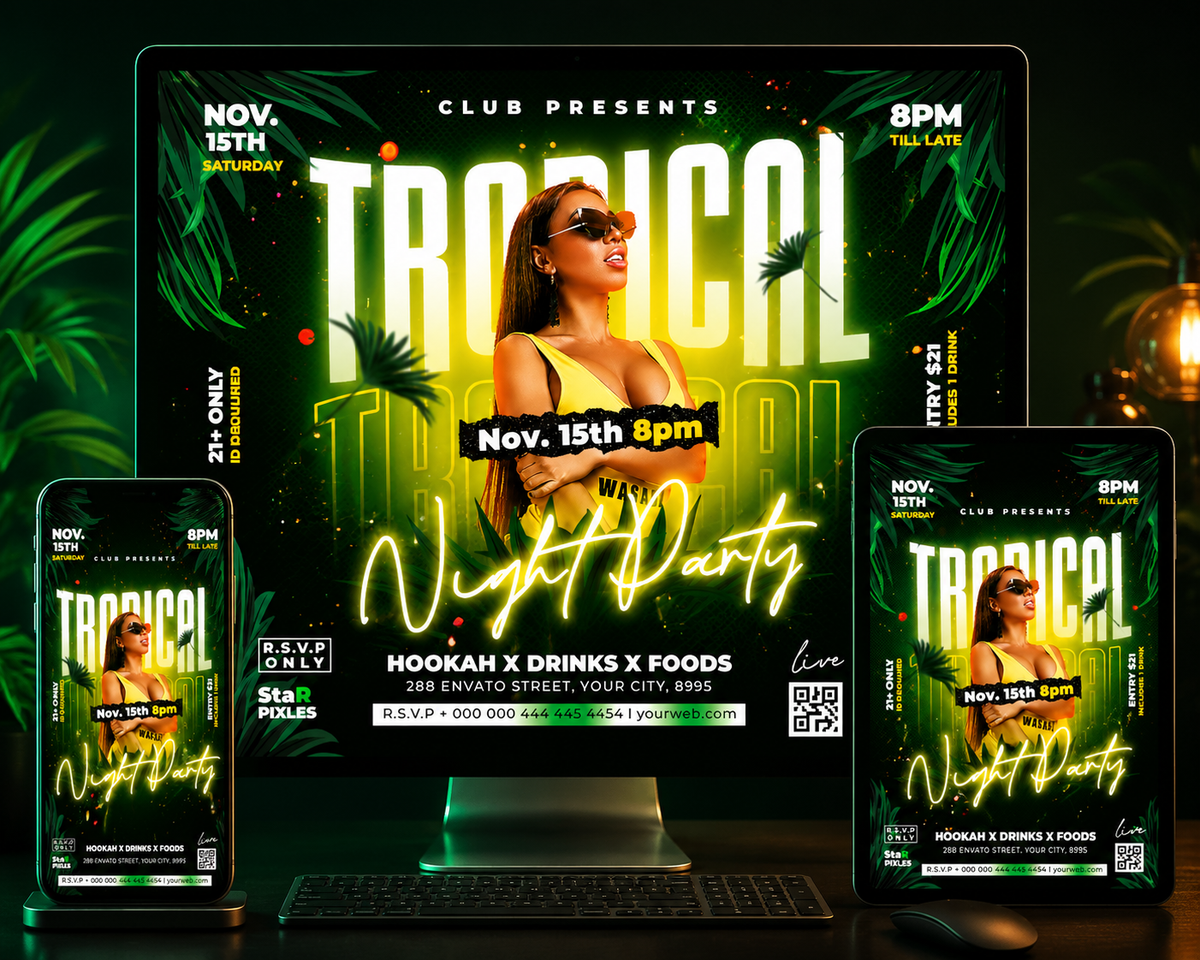 Summer Party Flyer Template PSD | Tropical Night Flyer | Beach Party Flyer | Club Event Poster |Pack1