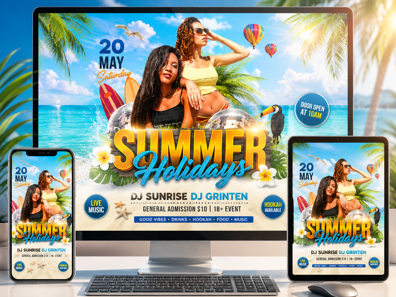 CUSTOM_Summer Party Flyer Template PSD | Tropical Night Flyer | Beach Party Flyer | Club Event Poster Pack3