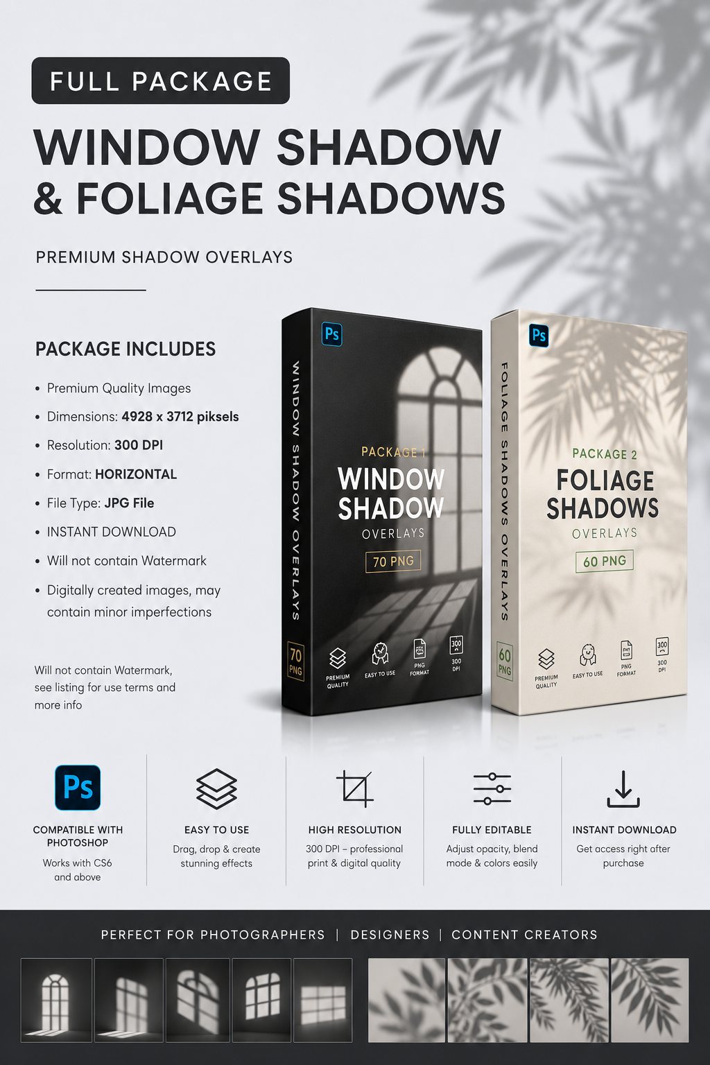 Window Shadow & Foliage Shadow Overlays PNG Bundle | Photoshop Shadow Overlay | 8K Digital Download | Photo Editing Bundle