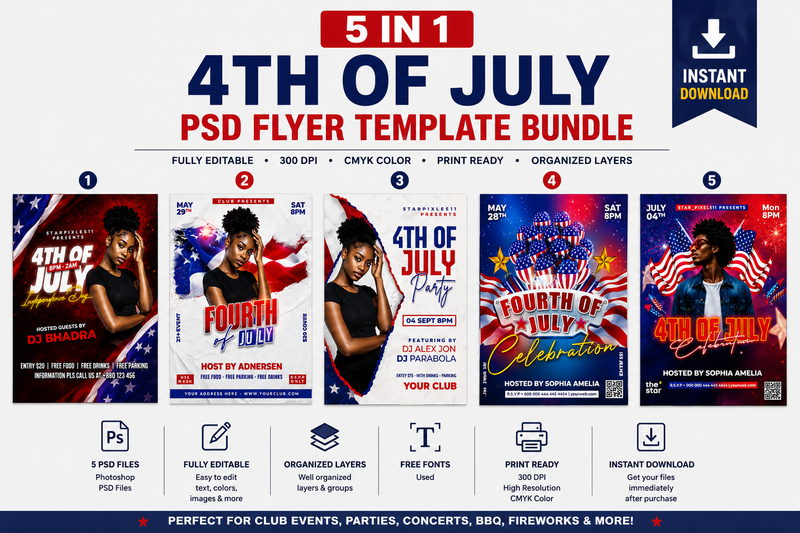 Custom 4th of July PSD Flyer Bundle | Independence Day Party Flyer Templates | Editable Photoshop Event Flyers | USA Celebration PSD Pack