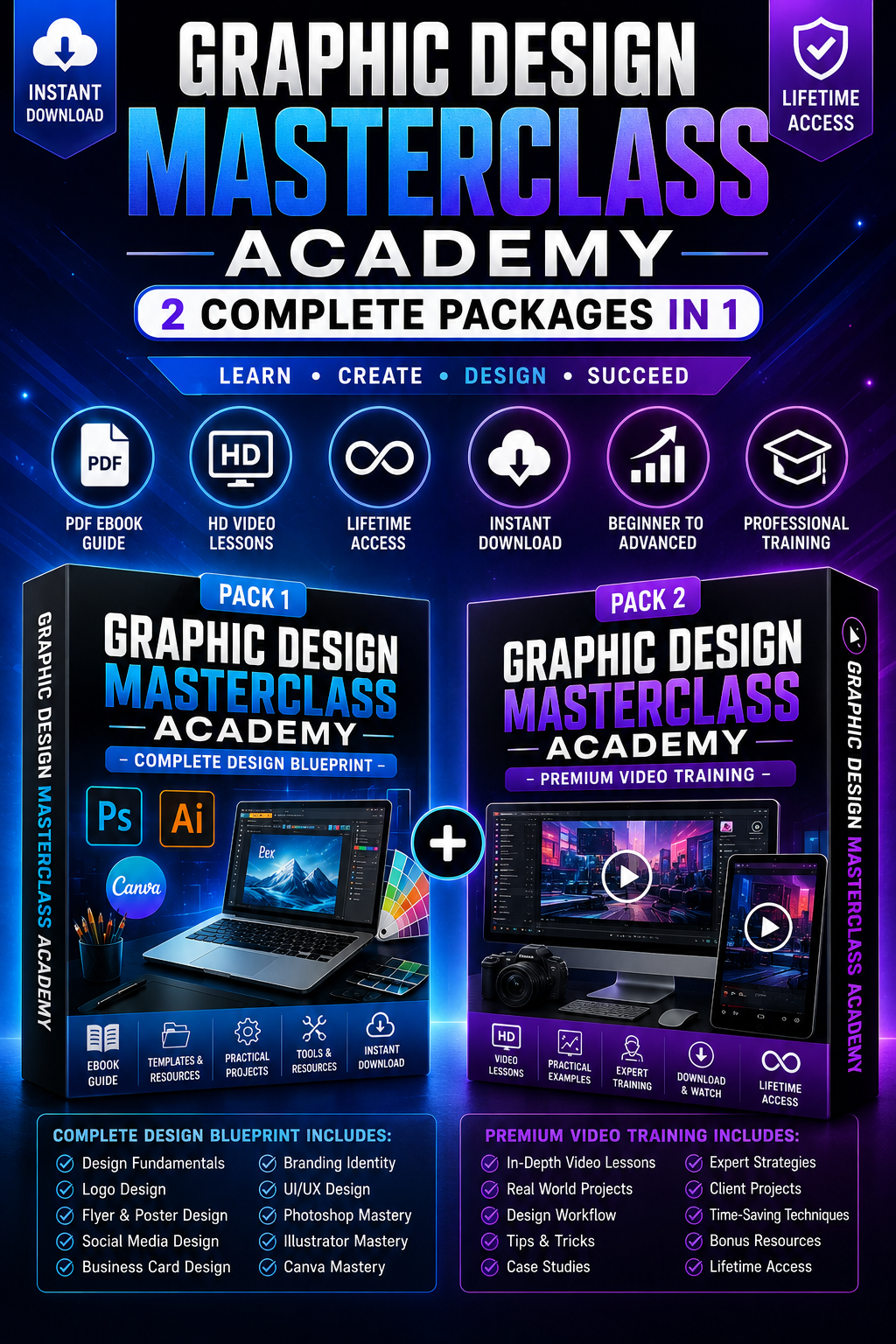 Graphic Design Masterclass Academy | Photoshop, Illustrator & Canva Training | Graphic Design Course + Video Lessons |