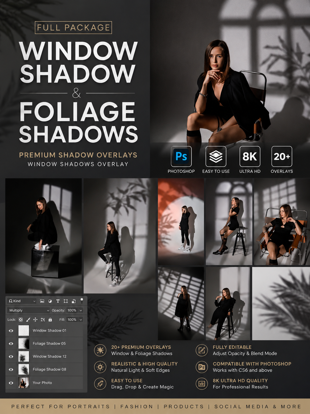 Window Shadow & Foliage Shadow Overlays PNG Bundle | Photoshop Shadow Overlay | 8K Digital Download | Photo Editing Bundle