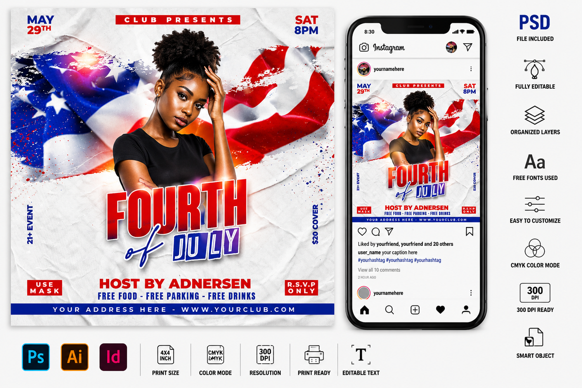 Custom 4th of July PSD Flyer Bundle | Independence Day Party Flyer Templates | Editable Photoshop Event Flyers | USA Celebration PSD Pack