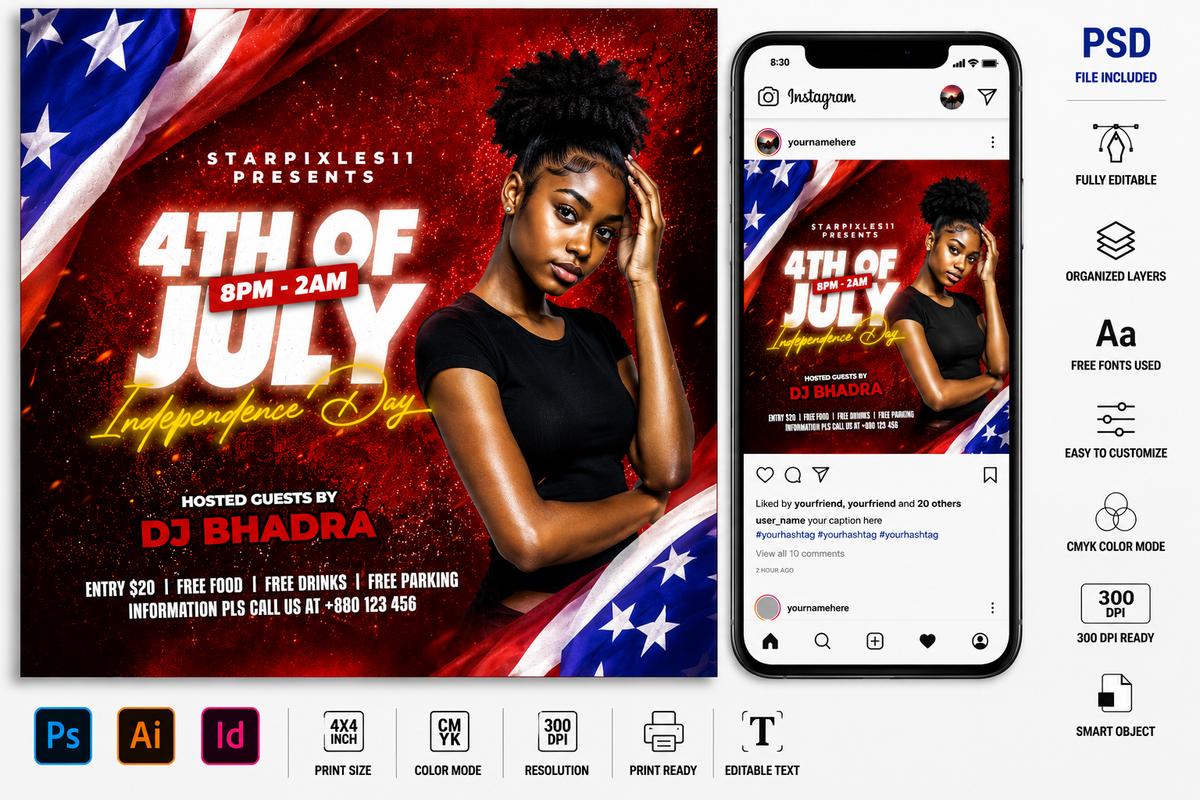 Custom 4th of July PSD Flyer Bundle | Independence Day Party Flyer Templates | Editable Photoshop Event Flyers | USA Celebration PSD Pack